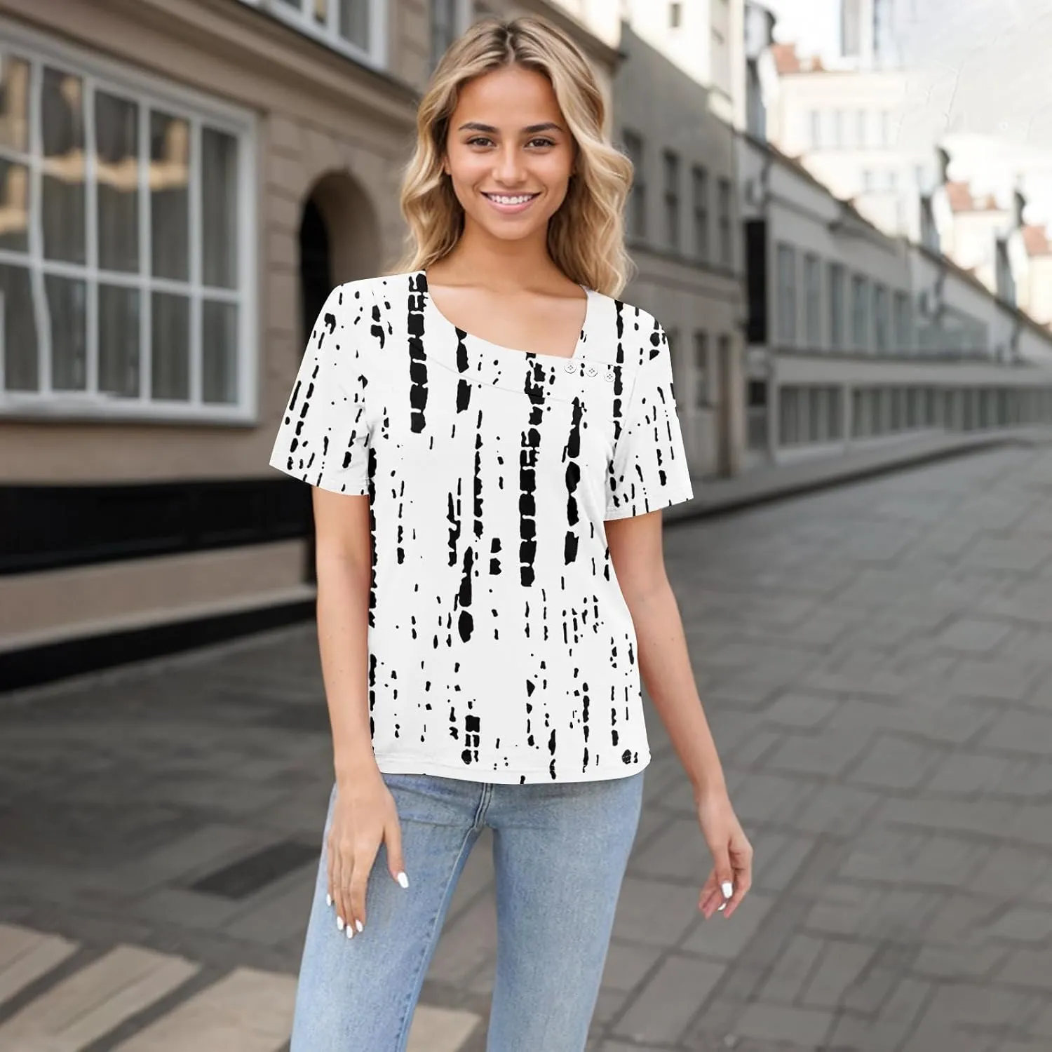 slqdgmryz Short Sleeve Shirts for Women Trendy Asymmetrical Neck Button Cute Summer Tops Casual Vintage Graphic Tees Blouses