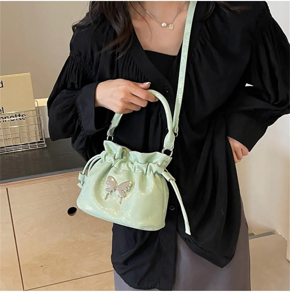 Small Butterfly Print Drawstring Bucket Tote Bag for Women Hobo Crossbody Bucket Handbag Cute Y2k Butterfly Bag