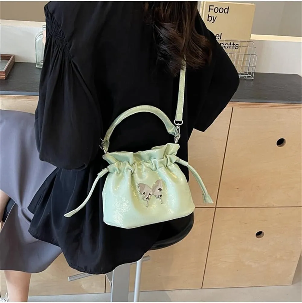 Small Butterfly Print Drawstring Bucket Tote Bag for Women Hobo Crossbody Bucket Handbag Cute Y2k Butterfly Bag