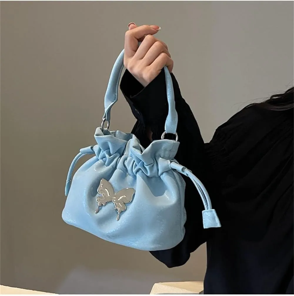 Small Butterfly Print Drawstring Bucket Tote Bag for Women Hobo Crossbody Bucket Handbag Cute Y2k Butterfly Bag