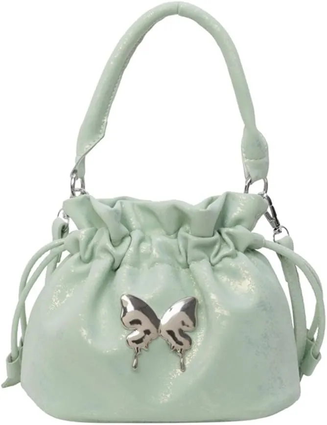 Small Butterfly Print Drawstring Bucket Tote Bag for Women Hobo Crossbody Bucket Handbag Cute Y2k Butterfly Bag