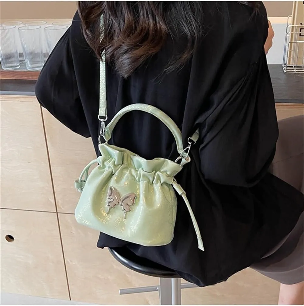 Small Butterfly Print Drawstring Bucket Tote Bag for Women Hobo Crossbody Bucket Handbag Cute Y2k Butterfly Bag