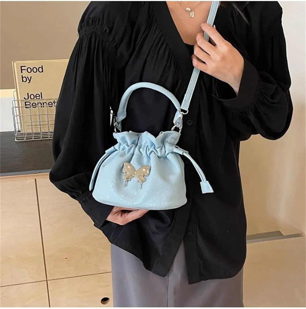 Small Butterfly Print Drawstring Bucket Tote Bag for Women Hobo Crossbody Bucket Handbag Cute Y2k Butterfly Bag