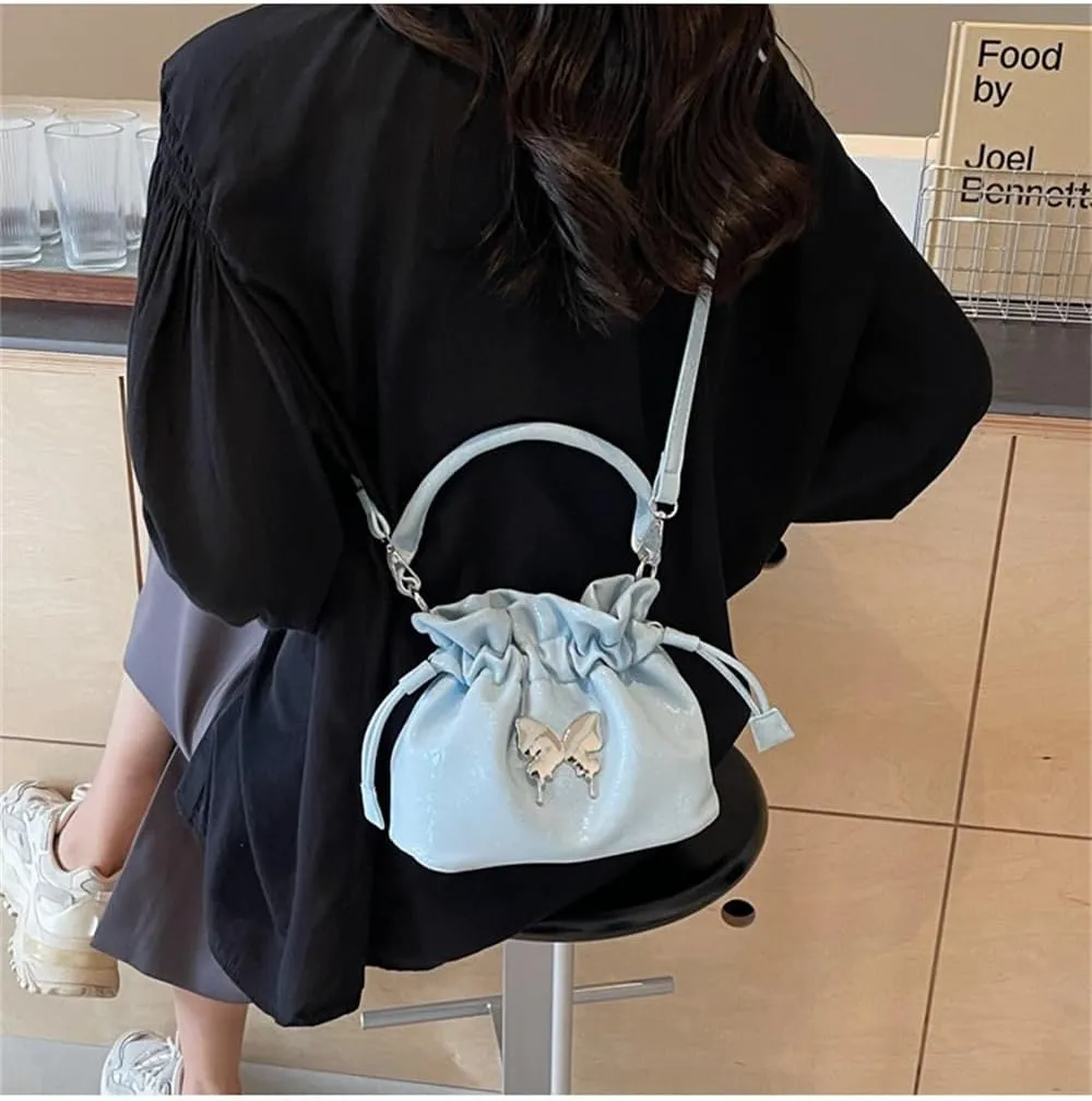 Small Butterfly Print Drawstring Bucket Tote Bag for Women Hobo Crossbody Bucket Handbag Cute Y2k Butterfly Bag