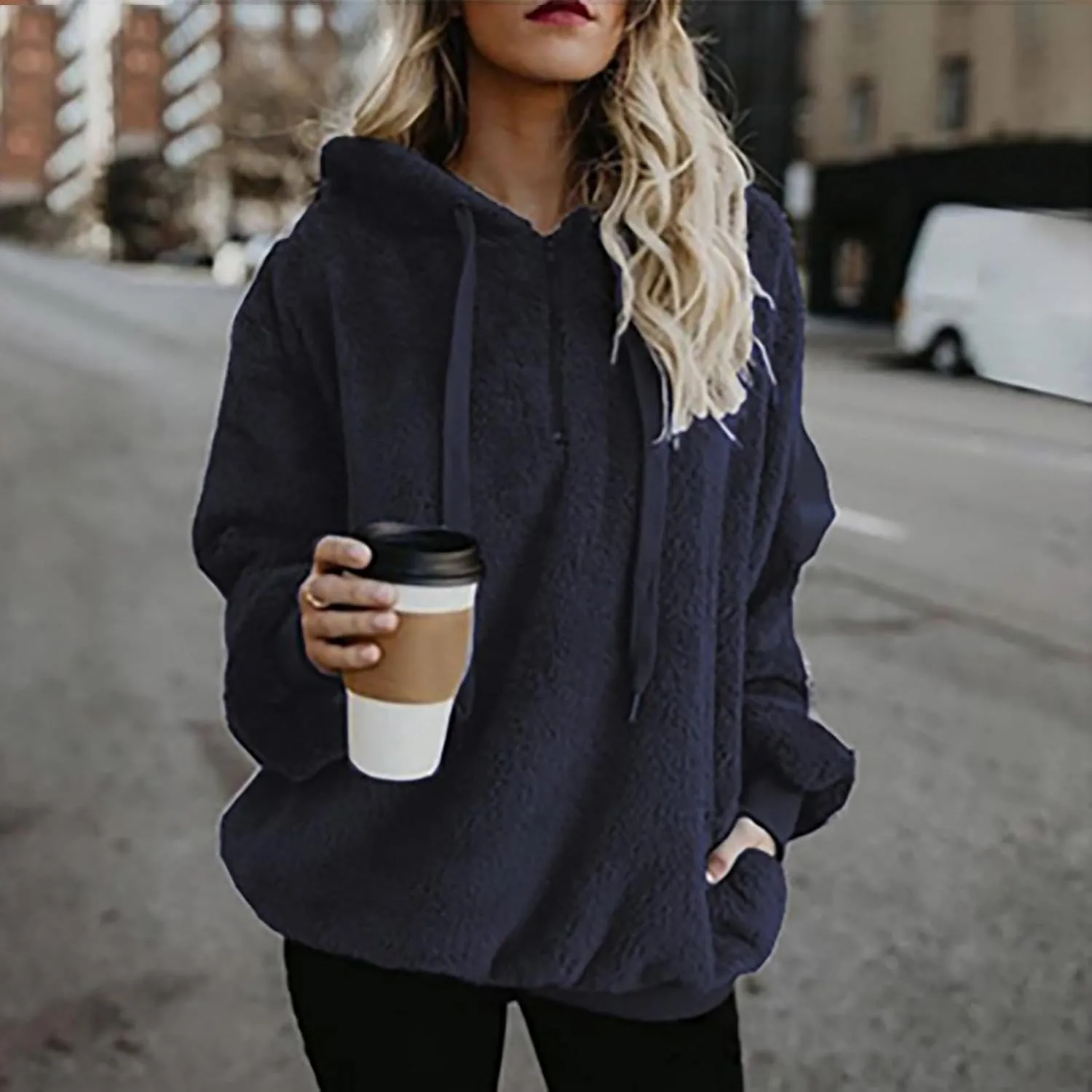 SMIDOW Womens Fuzzy Hoodies Cozy Oversized Hooded Sweatshirt Fleece Pullover Winter Warm Wool Zipper Pockets Coat Outwear