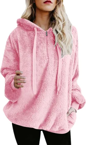 SMIDOW Womens Fuzzy Hoodies Cozy Oversized Hooded Sweatshirt Fleece Pullover Winter Warm Wool Zipper Pockets Coat Outwear