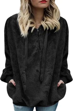 SMIDOW Womens Fuzzy Hoodies Cozy Oversized Hooded Sweatshirt Fleece Pullover Winter Warm Wool Zipper Pockets Coat Outwear