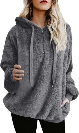 SMIDOW Womens Fuzzy Hoodies Cozy Oversized Hooded Sweatshirt Fleece Pullover Winter Warm Wool Zipper Pockets Coat Outwear