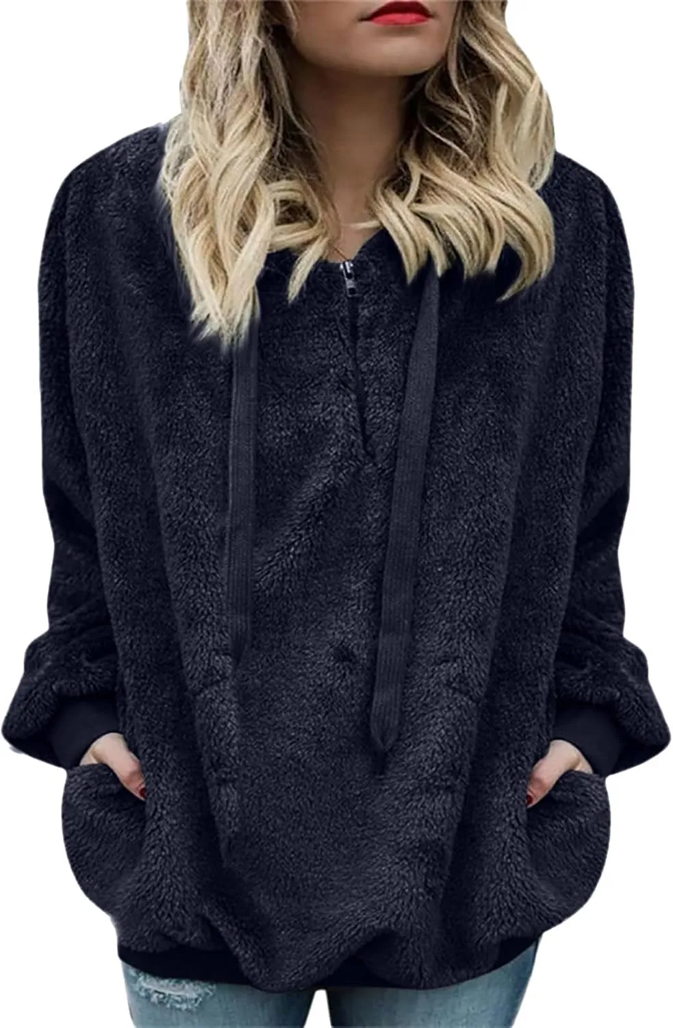 SMIDOW Womens Fuzzy Hoodies Cozy Oversized Hooded Sweatshirt Fleece Pullover Winter Warm Wool Zipper Pockets Coat Outwear