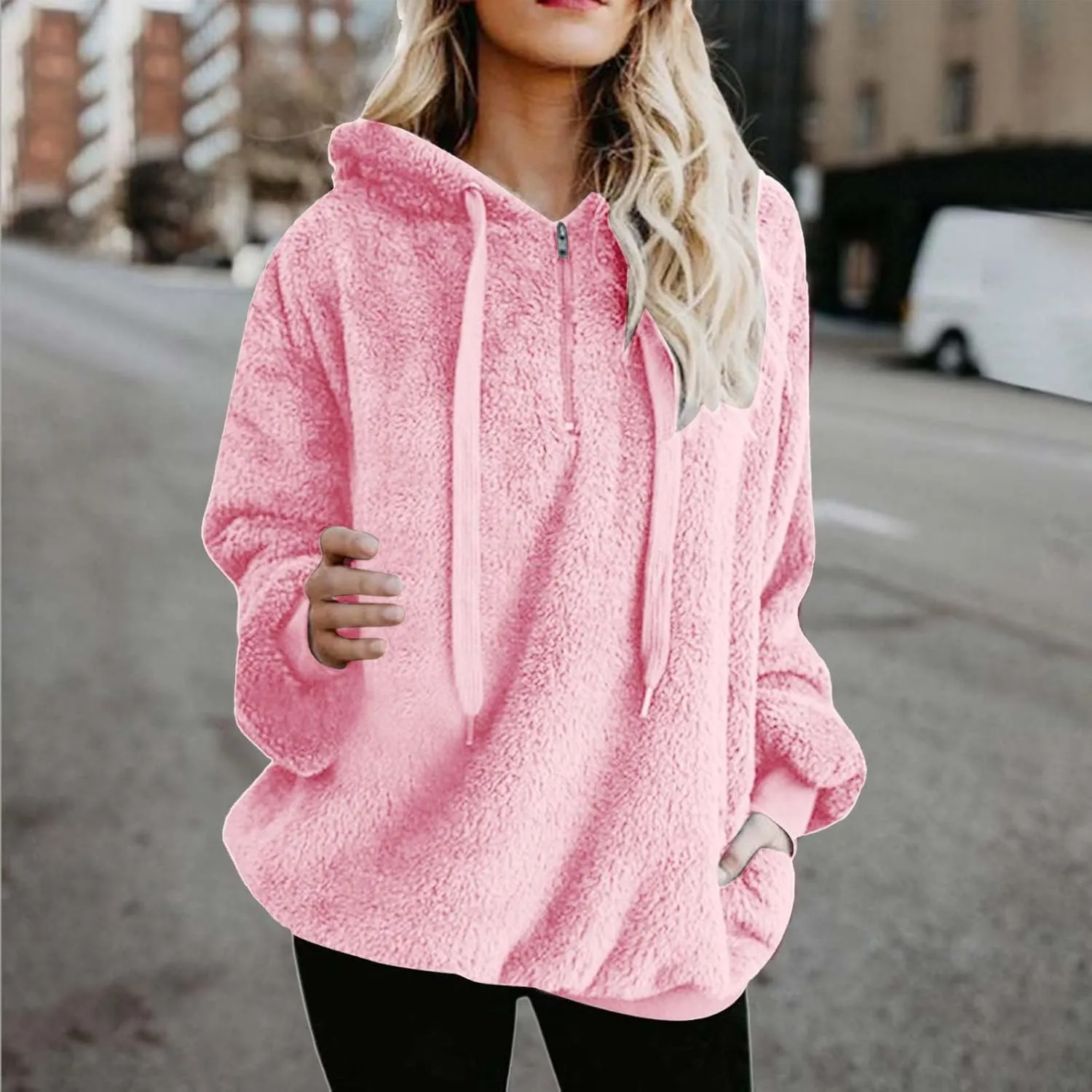 SMIDOW Womens Fuzzy Hoodies Cozy Oversized Hooded Sweatshirt Fleece Pullover Winter Warm Wool Zipper Pockets Coat Outwear