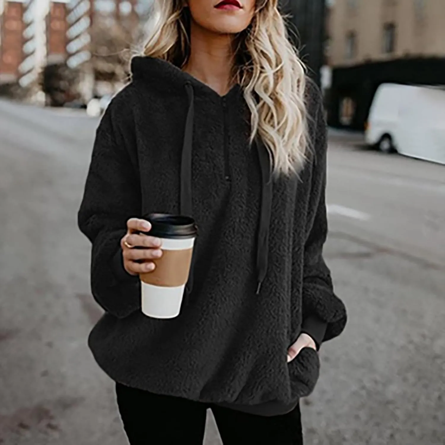 SMIDOW Womens Fuzzy Hoodies Cozy Oversized Hooded Sweatshirt Fleece Pullover Winter Warm Wool Zipper Pockets Coat Outwear