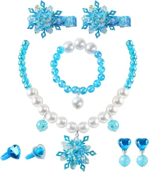 Snowflake Jewelry Set for Girls Queen Necklace Bracelet Ring Earrings Hair Clips Princess Costume Dress Up Accessories Blue for Elsa
