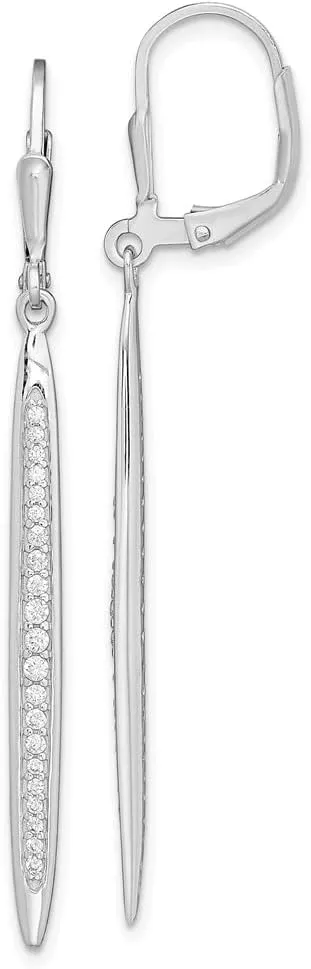 Solid Real 925 Sterling Silver CZ Cubic Zirconia Bar Leverback Dangle Earrings - 51mm x 3mm