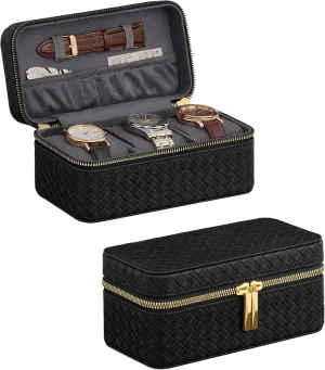 SONGMICS HOME RONNE Collection - 3-Slot Mens Jewelry Box, Watch Travel Case, PU Leather Watch Box, 3.9 x 7.9 x 3.5 Inches, Gift Idea, Ink Black Surface, Slate Gray Lining UJWB017G01