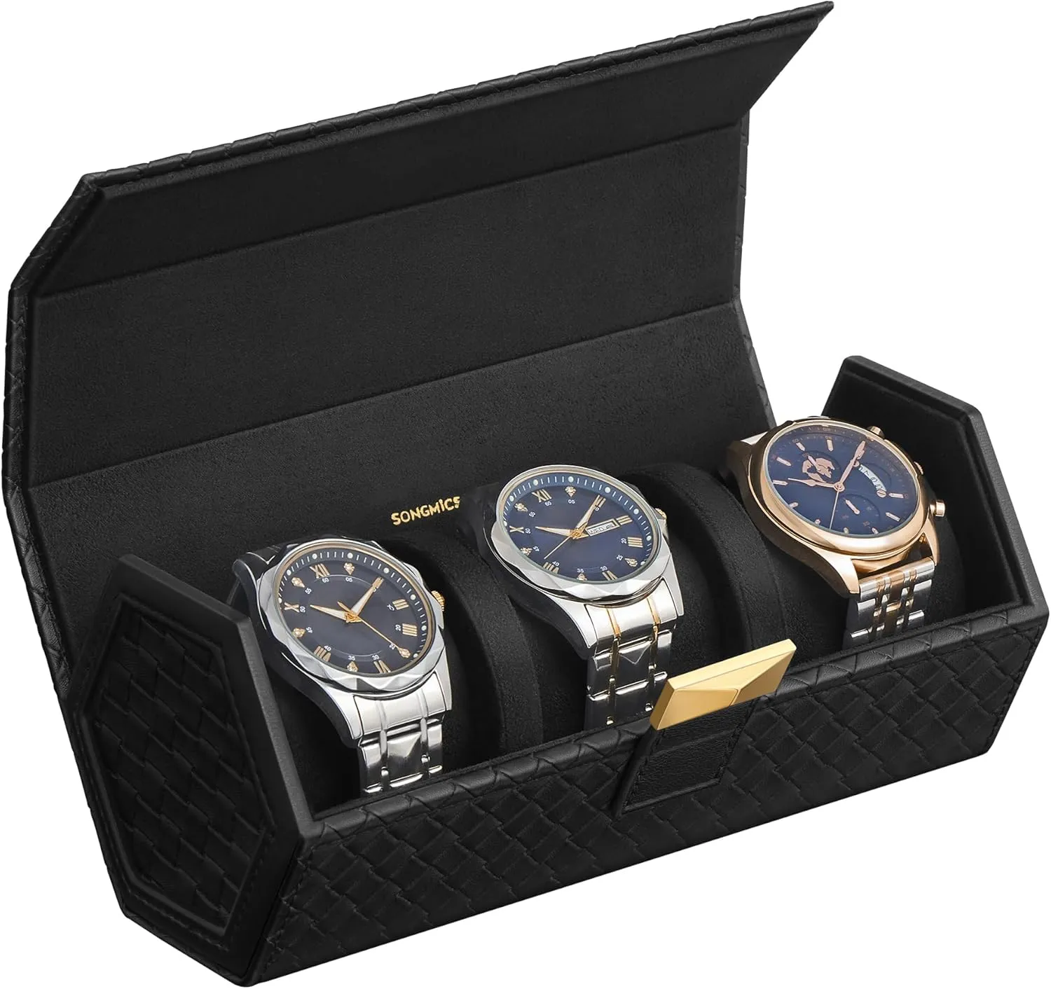 SONGMICS RONNE Collection - 3 Watch Travel Case, Hexagon Watch Roll, Woven Embossed PU Leather, Watch Organizer with Hidden Storage, 3.9 x 8.3 x 3.4 Inches, Gift Idea, Ink Black UJWB027B01