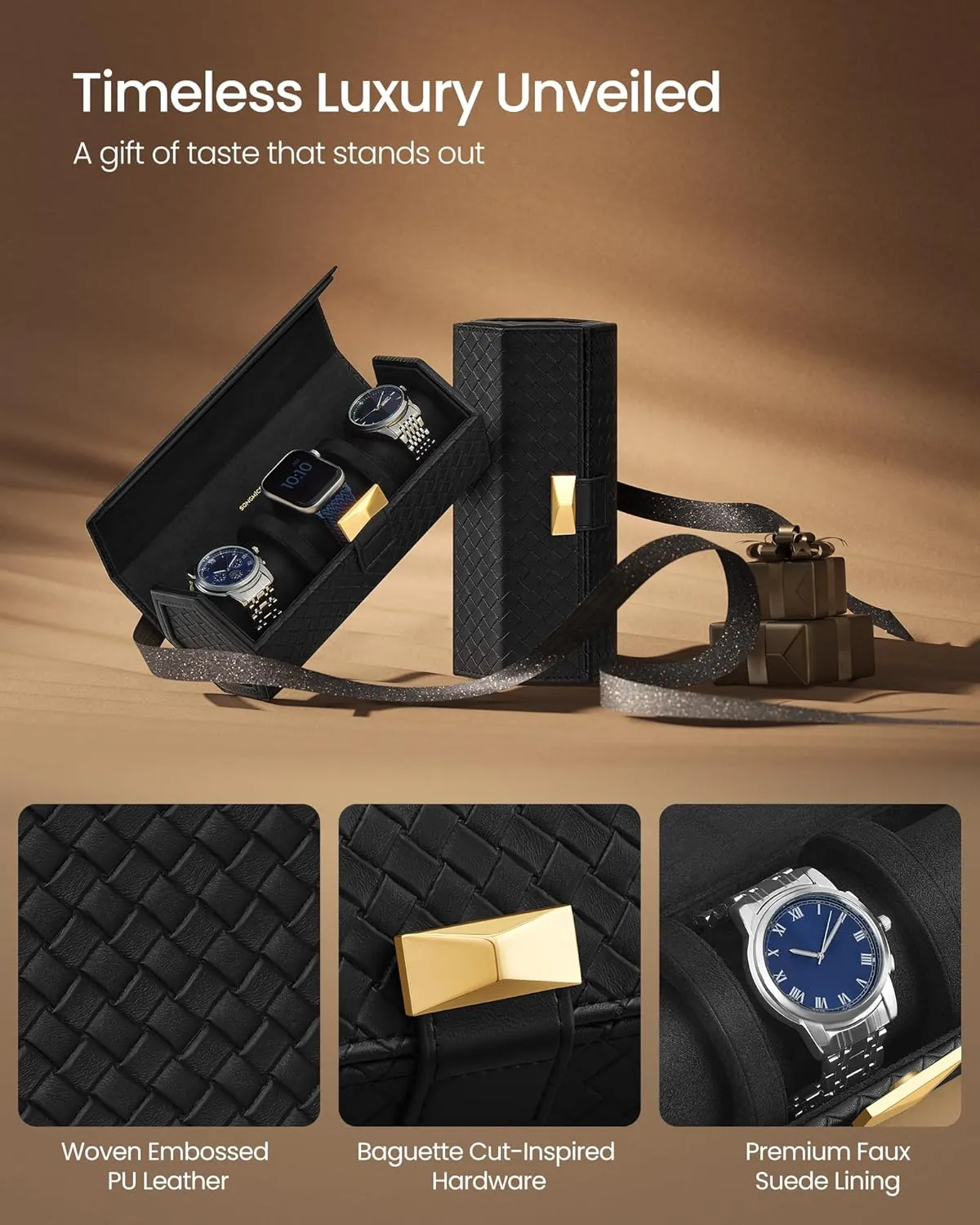 SONGMICS RONNE Collection - 3 Watch Travel Case, Hexagon Watch Roll, Woven Embossed PU Leather, Watch Organizer with Hidden Storage, 3.9 x 8.3 x 3.4 Inches, Gift Idea, Ink Black UJWB027B01