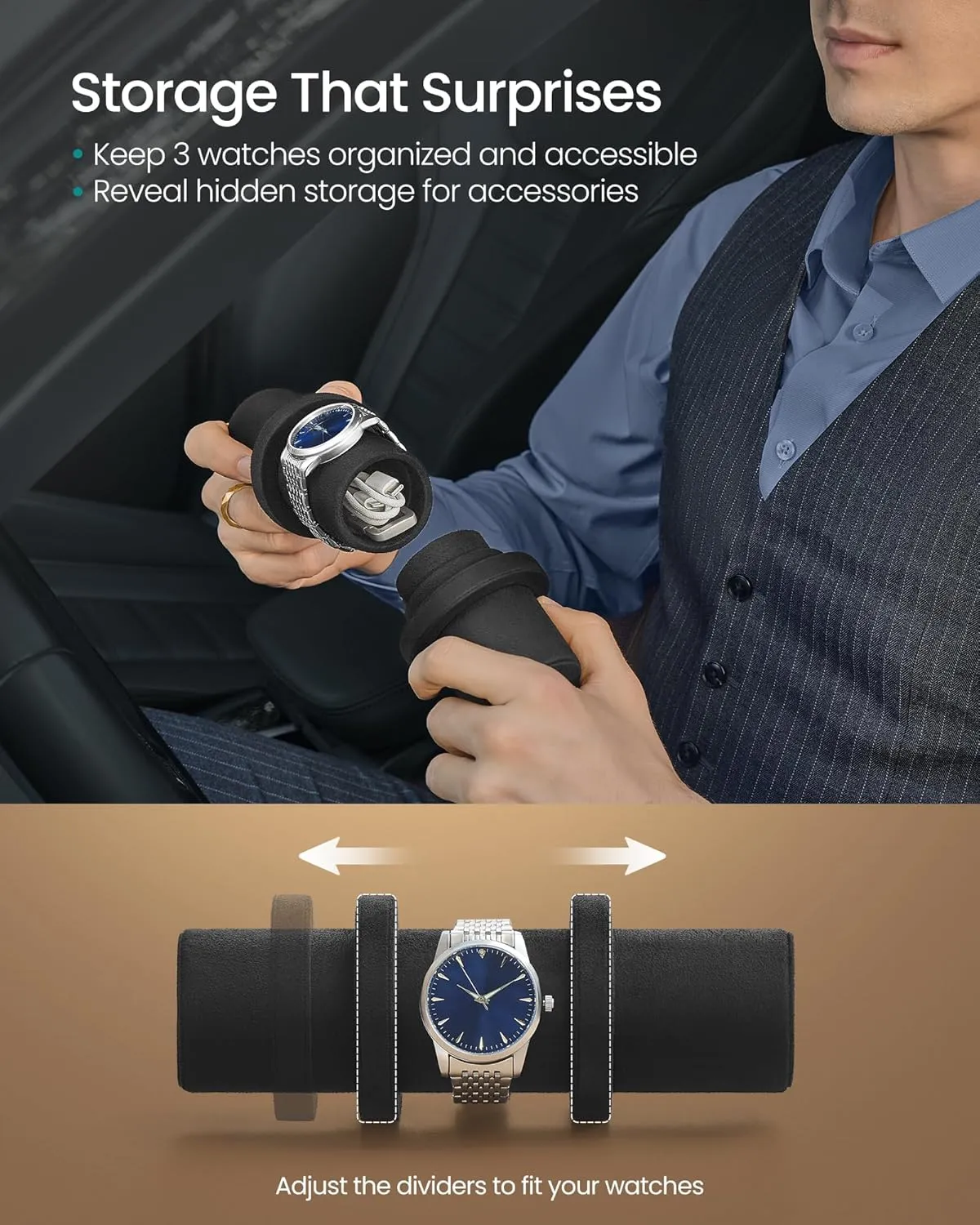 SONGMICS RONNE Collection - 3 Watch Travel Case, Hexagon Watch Roll, Woven Embossed PU Leather, Watch Organizer with Hidden Storage, 3.9 x 8.3 x 3.4 Inches, Gift Idea, Ink Black UJWB027B01