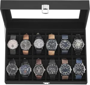 SONGMICS Watch Box, 12-Slot Watch Case with Large Glass Lid, Removable Watch Pillows, Watch Box Organizer, Gift for Loved Ones, Black Synthetic Leather, Black Lining UJWB012B01
