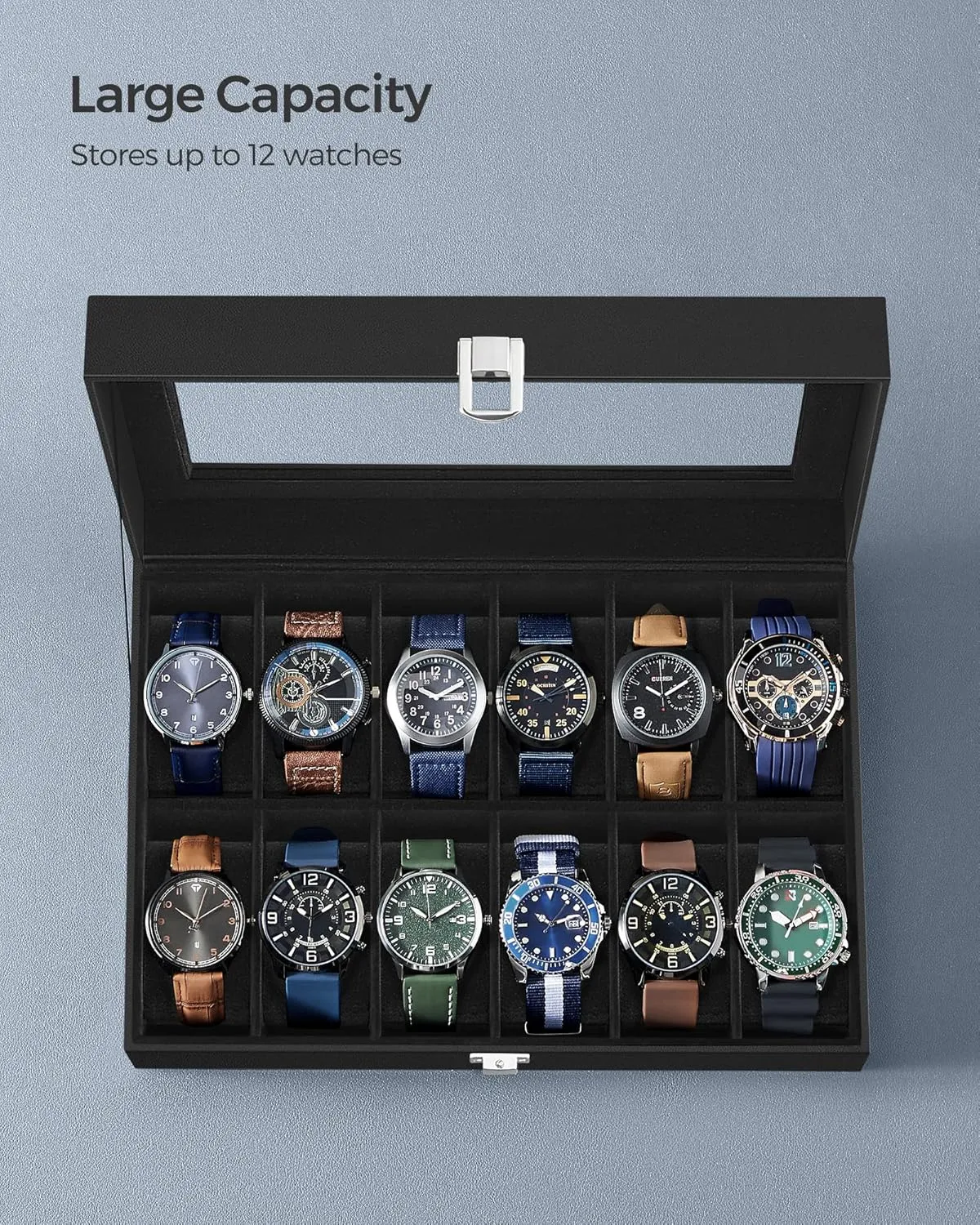 SONGMICS Watch Box, 12-Slot Watch Case with Large Glass Lid, Removable Watch Pillows, Watch Box Organizer, Gift for Loved Ones, Black Synthetic Leather, Black Lining UJWB012B01