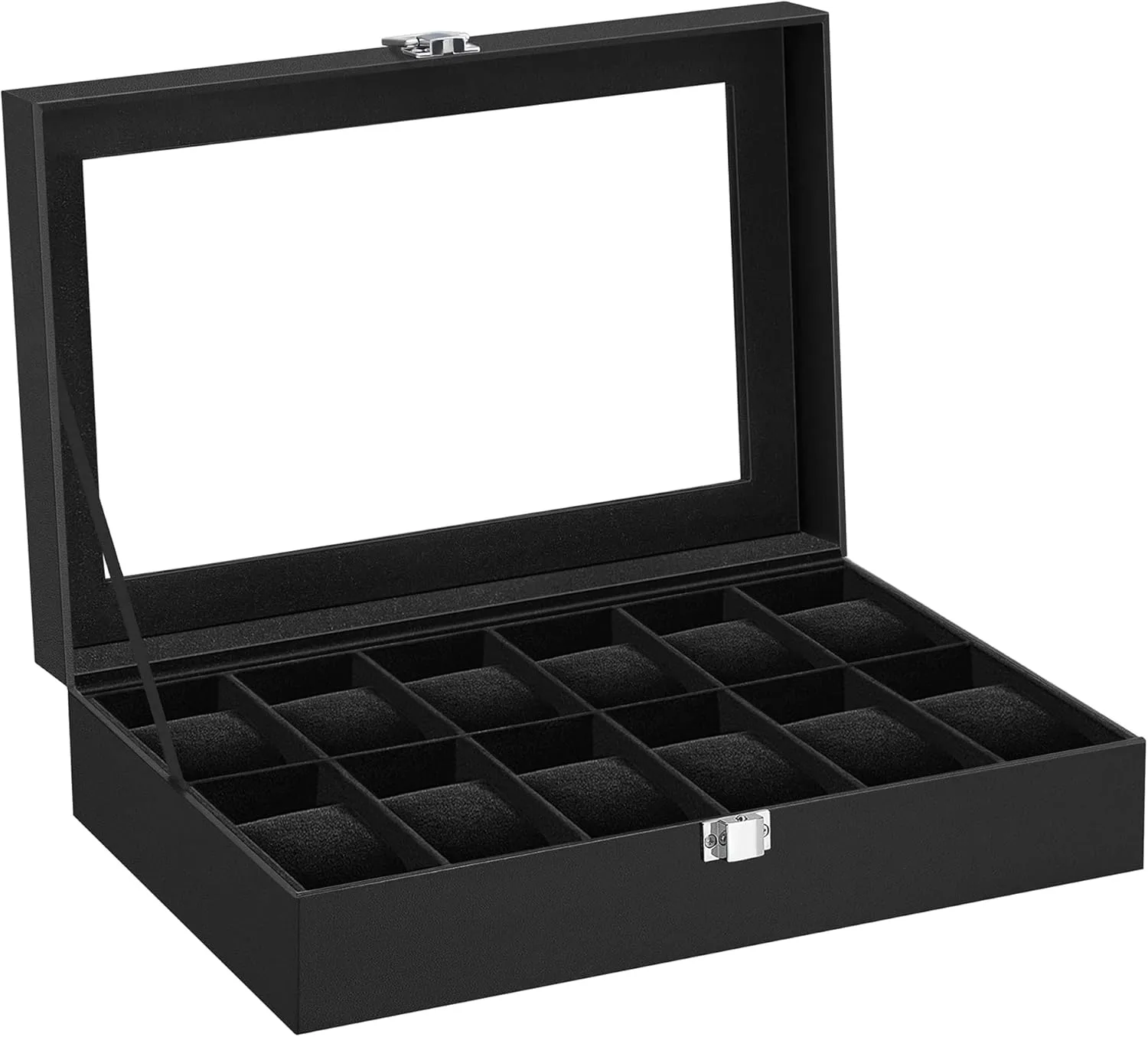 SONGMICS Watch Box, 12-Slot Watch Case with Large Glass Lid, Removable Watch Pillows, Watch Box Organizer, Gift for Loved Ones, Black Synthetic Leather, Black Lining UJWB012B01