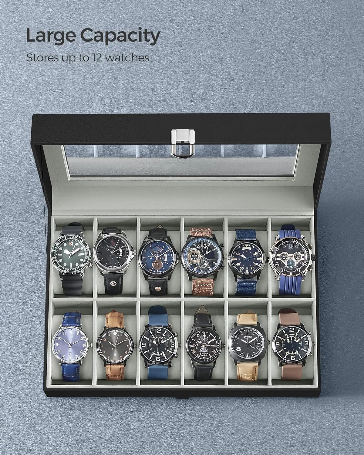 SONGMICS Watch Box, 12-Slot Watch Case with Large Glass Lid, Removable Watch Pillows, Watch Box Organizer, Gift for Loved Ones, Black Synthetic Leather, Gray Lining UJWB12BK