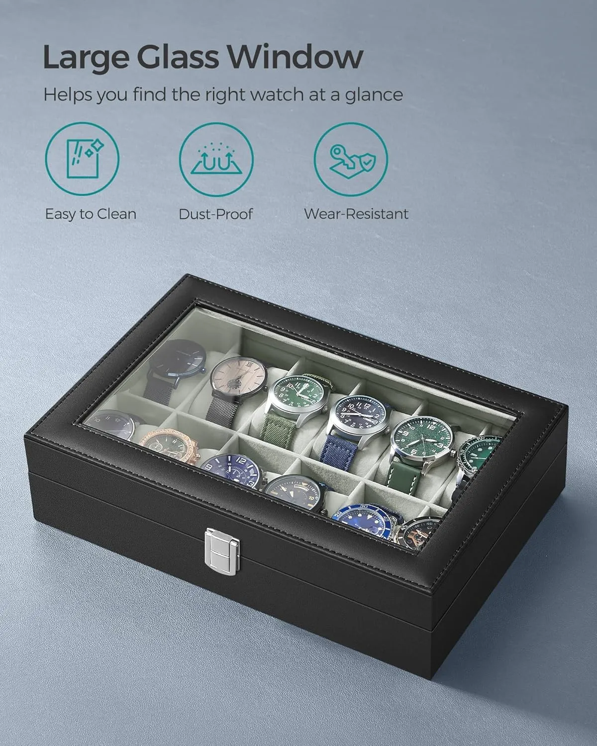 SONGMICS Watch Box, 12-Slot Watch Case with Large Glass Lid, Removable Watch Pillows, Watch Box Organizer, Gift for Loved Ones, Black Synthetic Leather, Gray Lining UJWB12BK