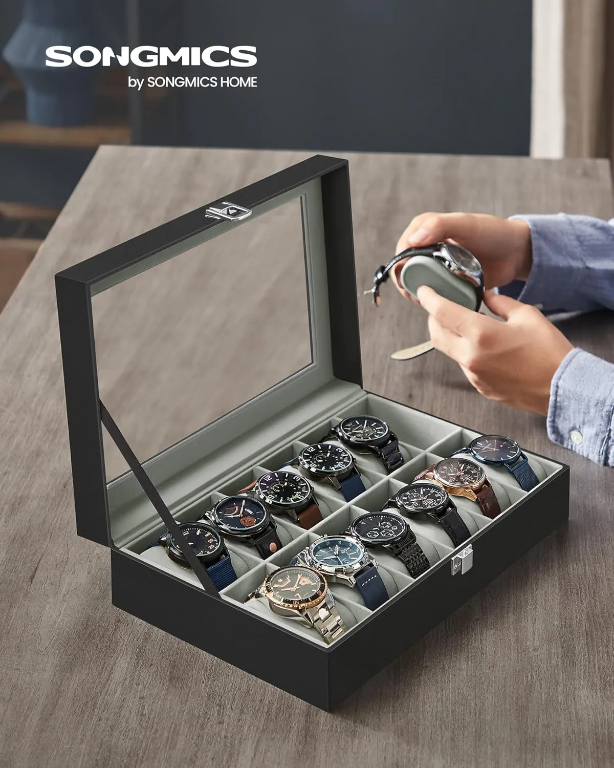 SONGMICS Watch Box, 12-Slot Watch Case with Large Glass Lid, Removable Watch Pillows, Watch Box Organizer, Gift for Loved Ones, Black Synthetic Leather, Gray Lining UJWB12BK