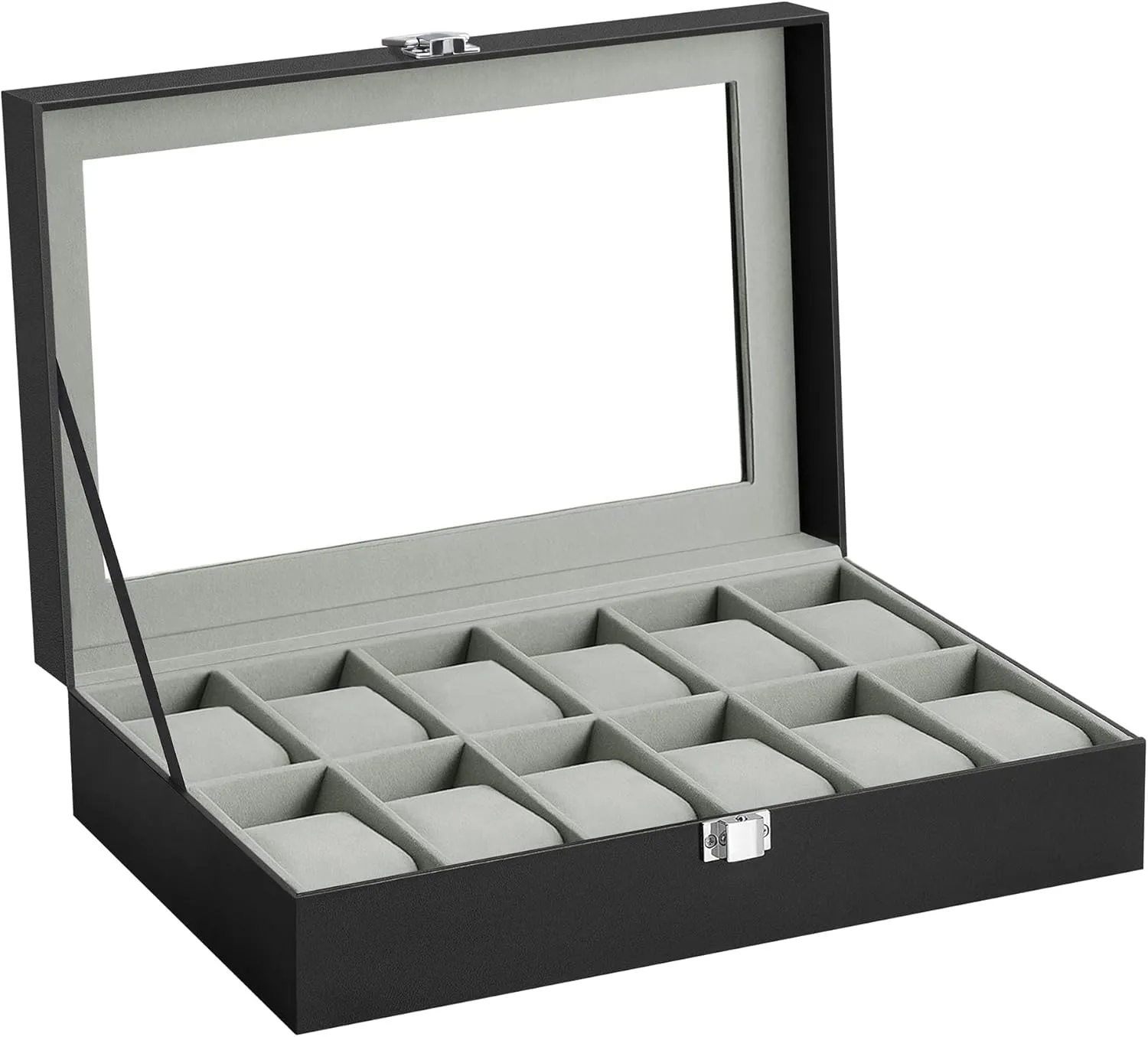 SONGMICS Watch Box, 12-Slot Watch Case with Large Glass Lid, Removable Watch Pillows, Watch Box Organizer, Gift for Loved Ones, Black Synthetic Leather, Gray Lining UJWB12BK