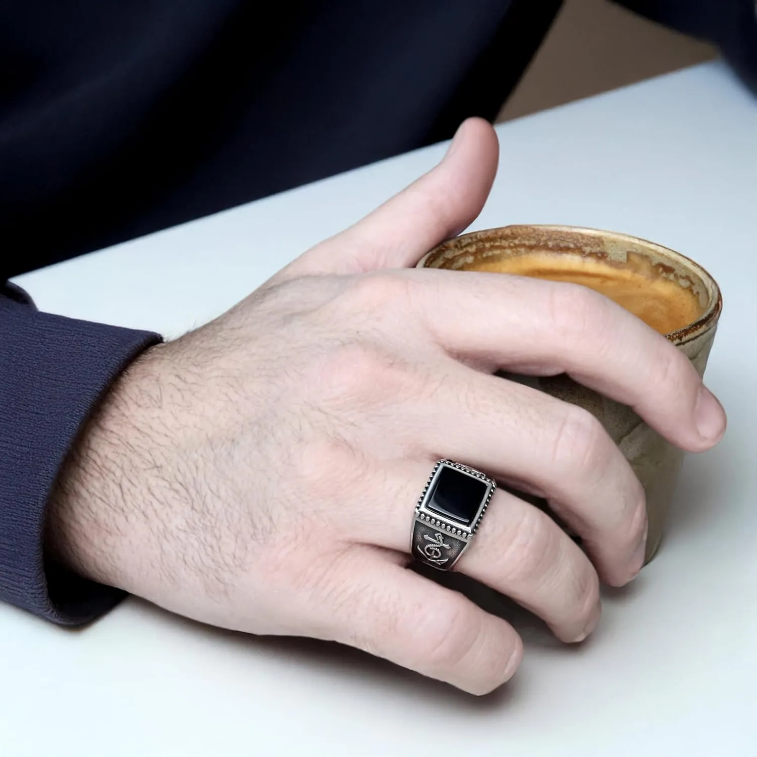Stainless Steel Ring for Men with Black Agate Stone - Timeless Style in Design