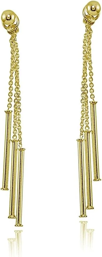 Sterling Silver Bead and Multi-Strand Chain & Bar Drop Dangle Earrings