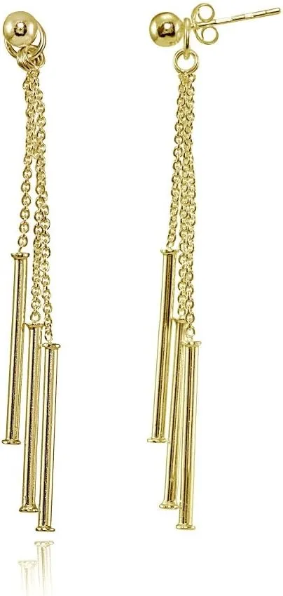 Sterling Silver Bead and Multi-Strand Chain & Bar Drop Dangle Earrings