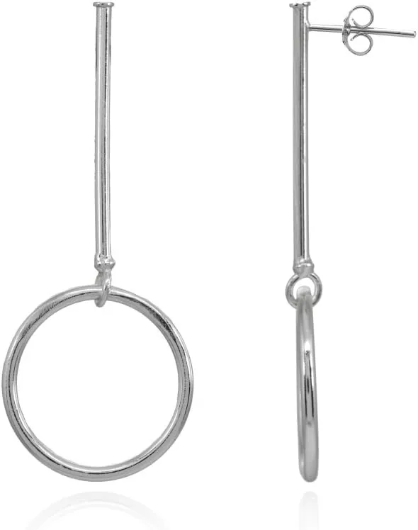Sterling Silver Open Circle Round Long Bar Drop Stud Earrings