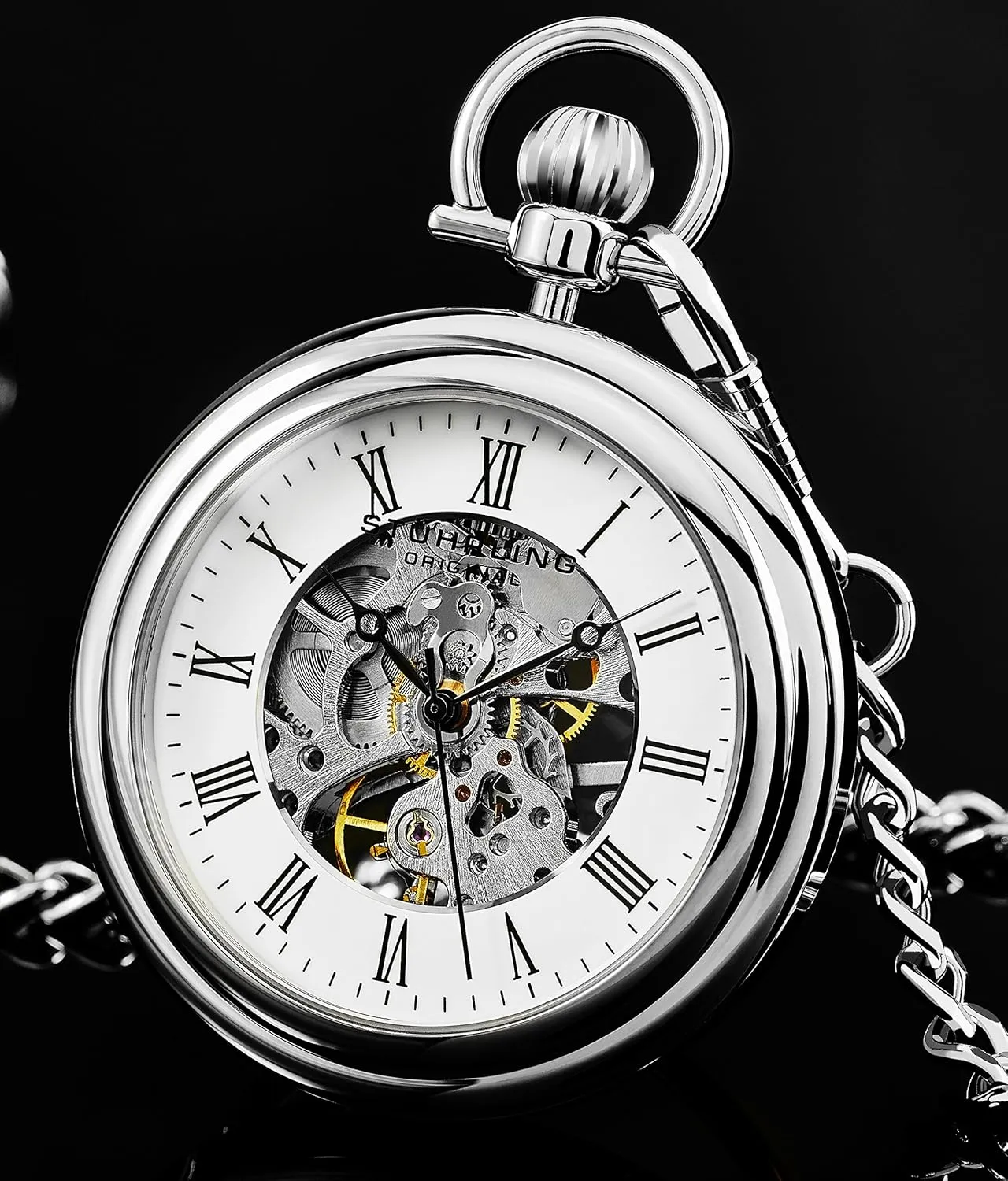 Stuhrling Original Men's Pocket Watch Stainless Steel Analog Skeleton Watch Hand Wind Mechanical Movement Stainless Steel Chain