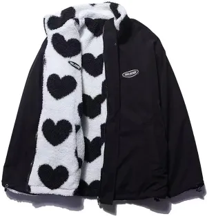 Sumleno Women's Fleece Sherpa Jackets Reversible Kawaii Heart Print Fuzzy Zip Up Cutecore Coats Aesthetic Y2k Gyaru Clothes