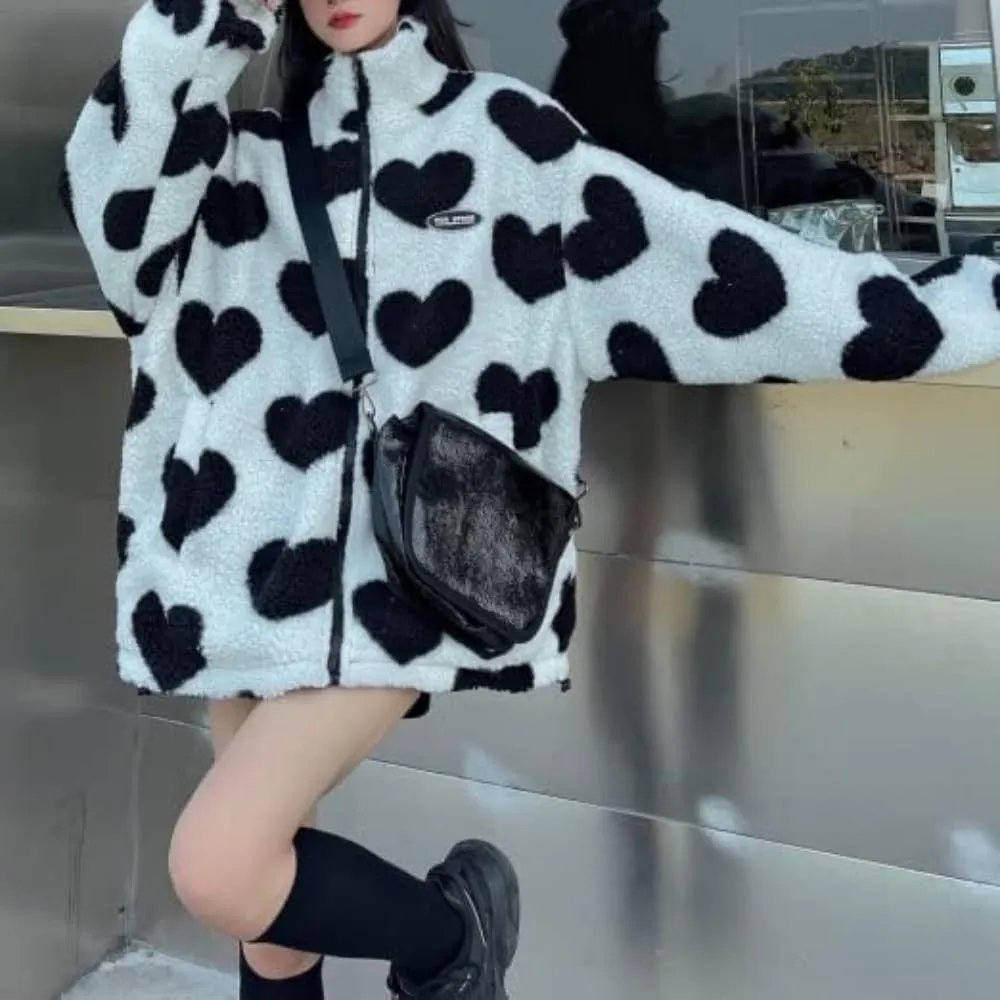 Sumleno Women's Fleece Sherpa Jackets Reversible Kawaii Heart Print Fuzzy Zip Up Cutecore Coats Aesthetic Y2k Gyaru Clothes