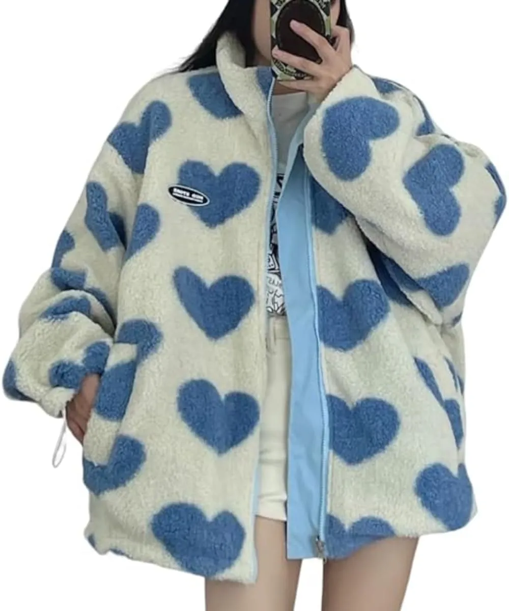 Sumleno Women's Fleece Sherpa Jackets Reversible Kawaii Heart Print Fuzzy Zip Up Cutecore Coats Aesthetic Y2k Gyaru Clothes
