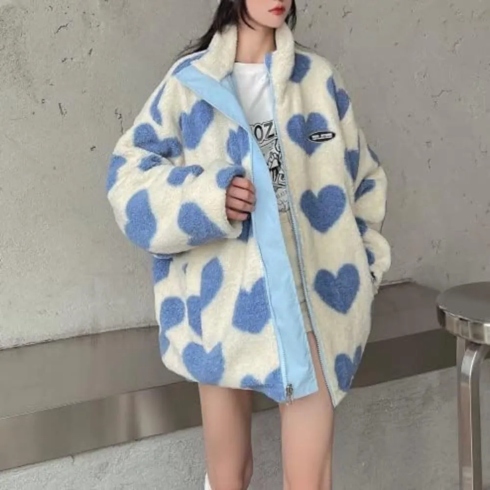 Sumleno Women's Fleece Sherpa Jackets Reversible Kawaii Heart Print Fuzzy Zip Up Cutecore Coats Aesthetic Y2k Gyaru Clothes