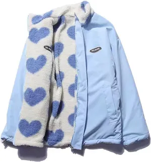 Sumleno Women's Fleece Sherpa Jackets Reversible Kawaii Heart Print Fuzzy Zip Up Cutecore Coats Aesthetic Y2k Gyaru Clothes