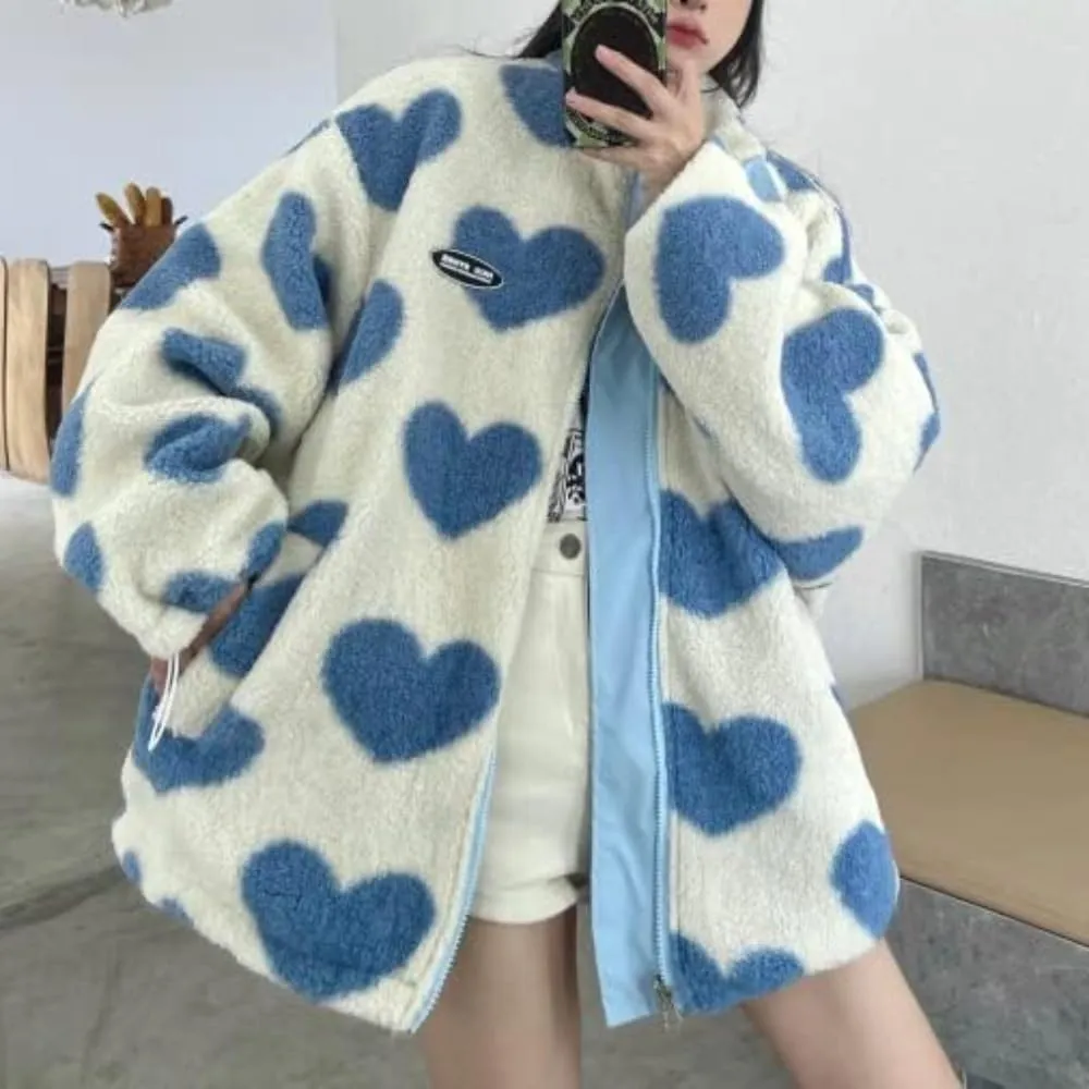 Sumleno Women's Fleece Sherpa Jackets Reversible Kawaii Heart Print Fuzzy Zip Up Cutecore Coats Aesthetic Y2k Gyaru Clothes
