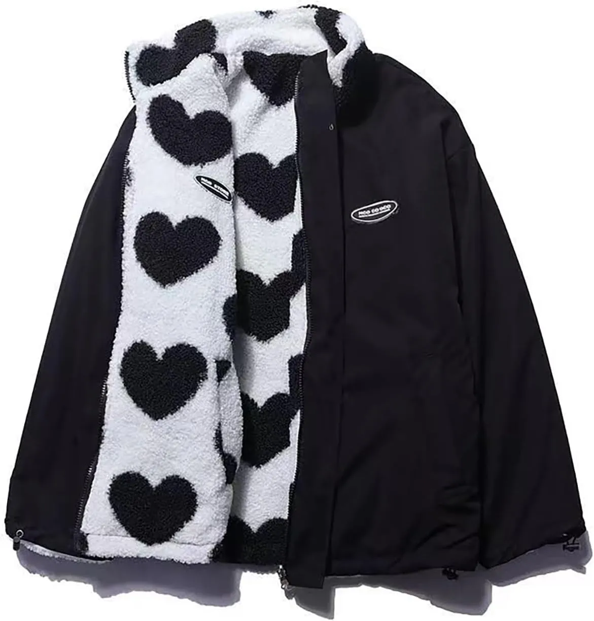 Sumleno Women's Fleece Sherpa Jackets Reversible Kawaii Heart Print Fuzzy Zip Up Cutecore Coats Aesthetic Y2k Gyaru Clothes