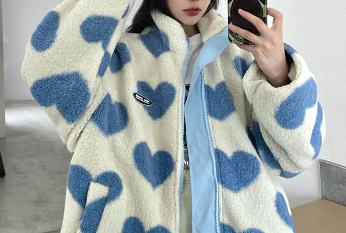 Sumleno Women's Fleece Sherpa Jackets Reversible Kawaii Heart Print Fuzzy Zip Up Cutecore Coats Aesthetic Y2k Gyaru Clothes