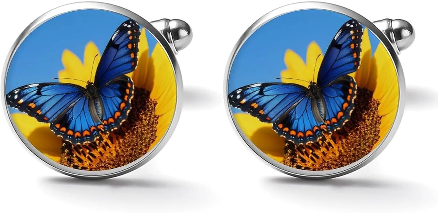 Sunflower Butterfly Flowers Mens Cufflinks Classic Cuff Links for Wedding Business Accessories