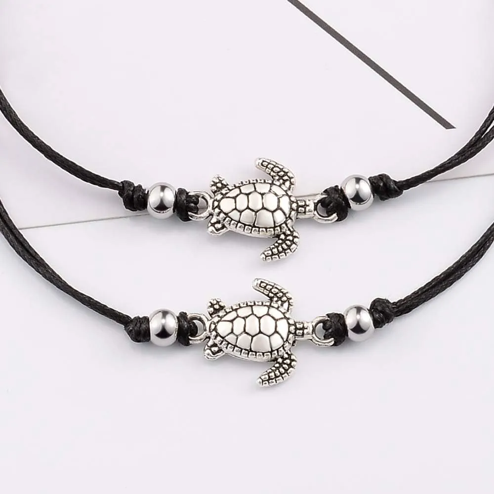 SUNSH 2Pcs Sea Turtle Anklets Bracelets for Women Teen Lover Pinky Promise Matching BFF Adjustable String with Wish Card Jewelry Couple Boyfriend Girlfriend Husband Wife Friendship Gifts