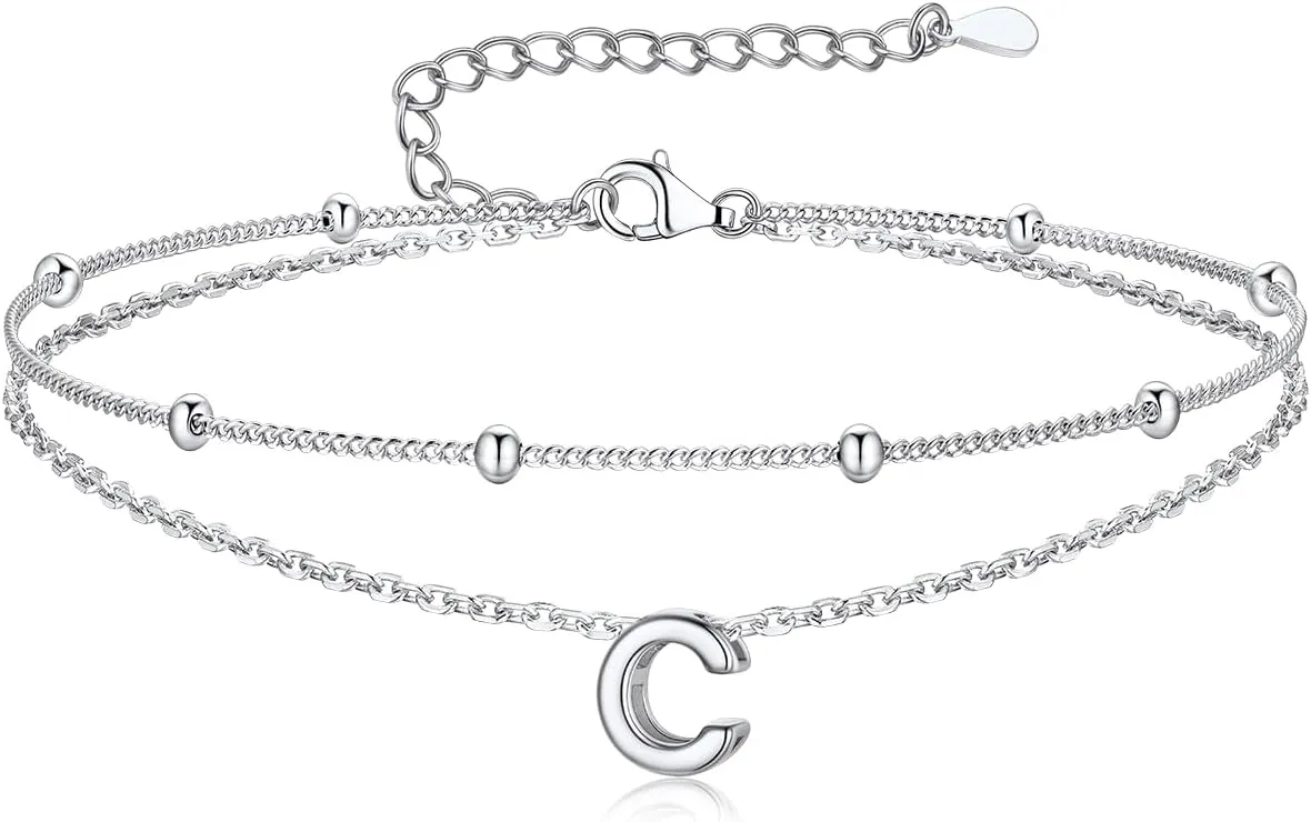 Suplight Sterling Silver Ankle Bracelets for Women Layered Dainty Initial Anklets Foot Chain Beaded Plus Size Anklets for Women Beach Waterproof Jewelry 8.7" 2"