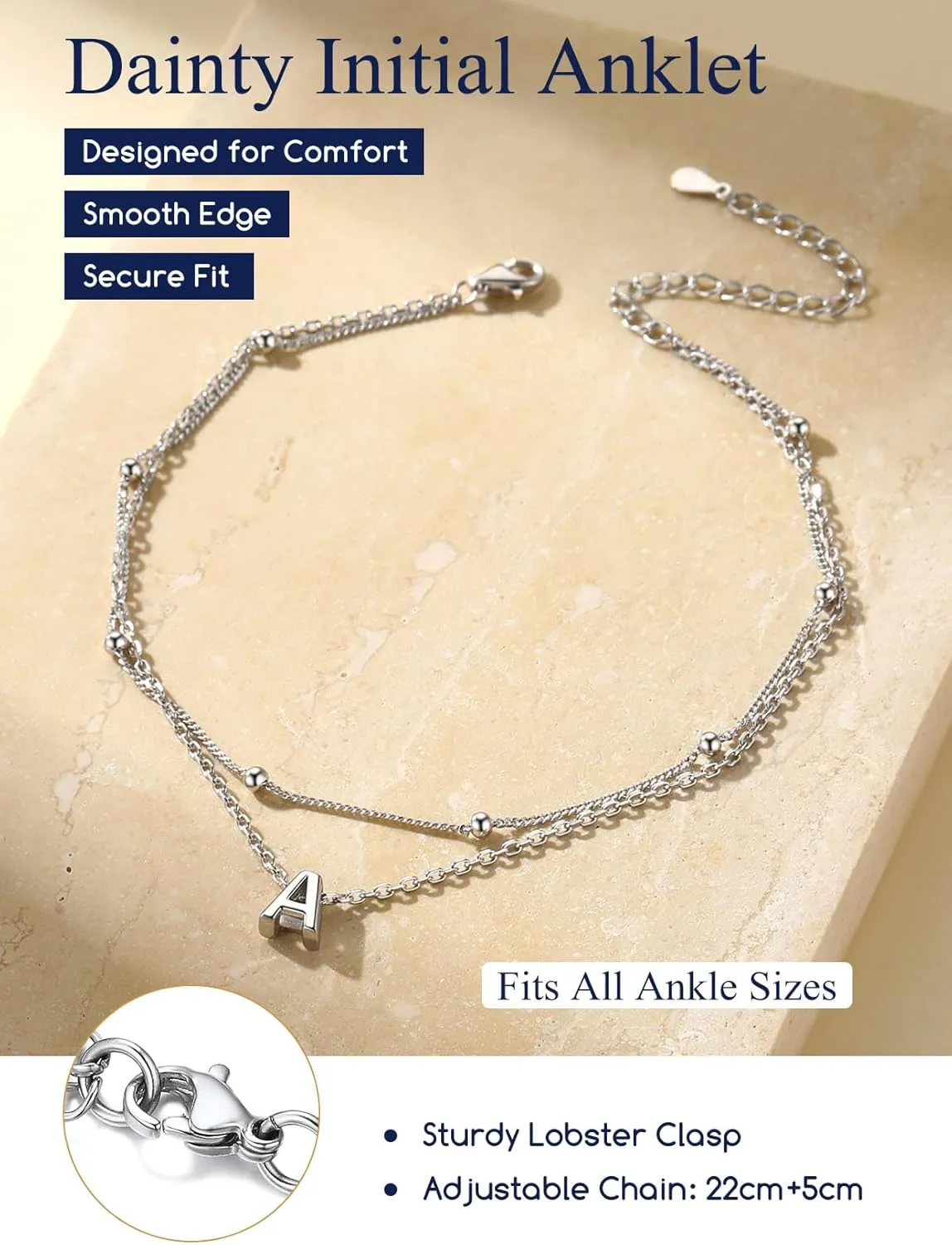 Suplight Sterling Silver Ankle Bracelets for Women Layered Dainty Initial Anklets Foot Chain Beaded Plus Size Anklets for Women Beach Waterproof Jewelry 8.7" 2"