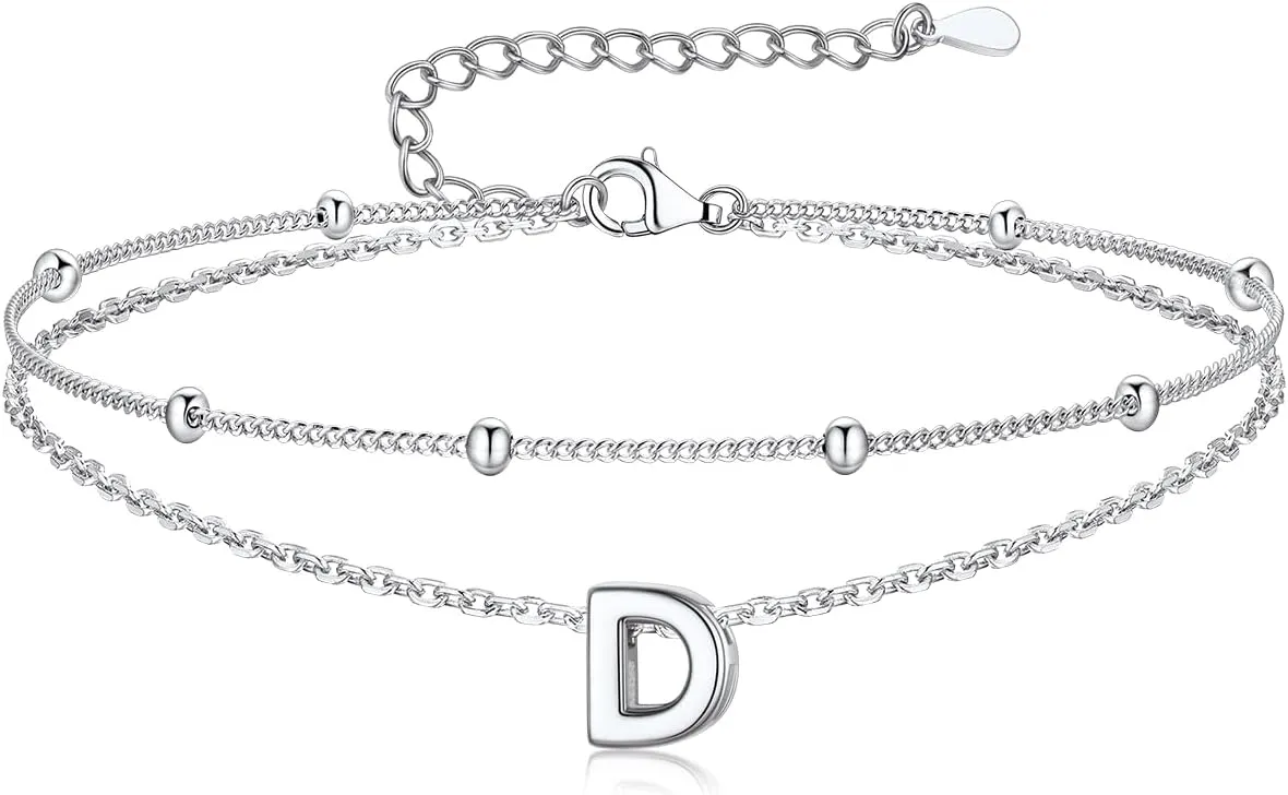Suplight Sterling Silver Ankle Bracelets for Women Layered Dainty Initial Anklets Foot Chain Beaded Plus Size Anklets for Women Beach Waterproof Jewelry 8.7" 2"