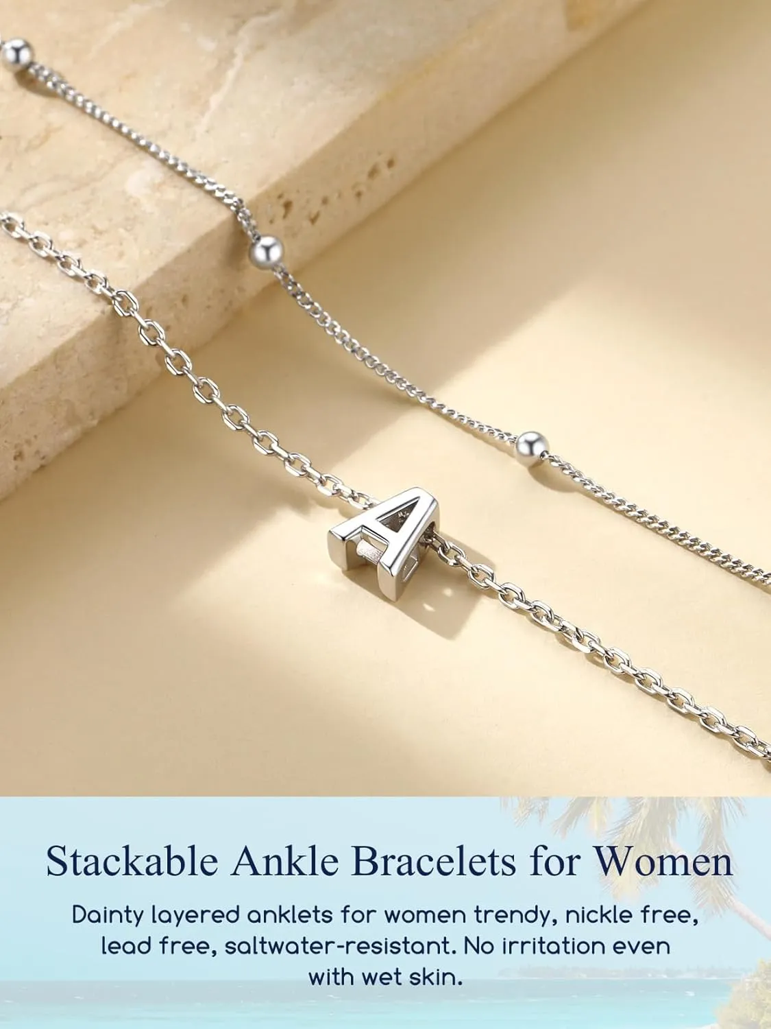 Suplight Sterling Silver Ankle Bracelets for Women Layered Dainty Initial Anklets Foot Chain Beaded Plus Size Anklets for Women Beach Waterproof Jewelry 8.7" 2"