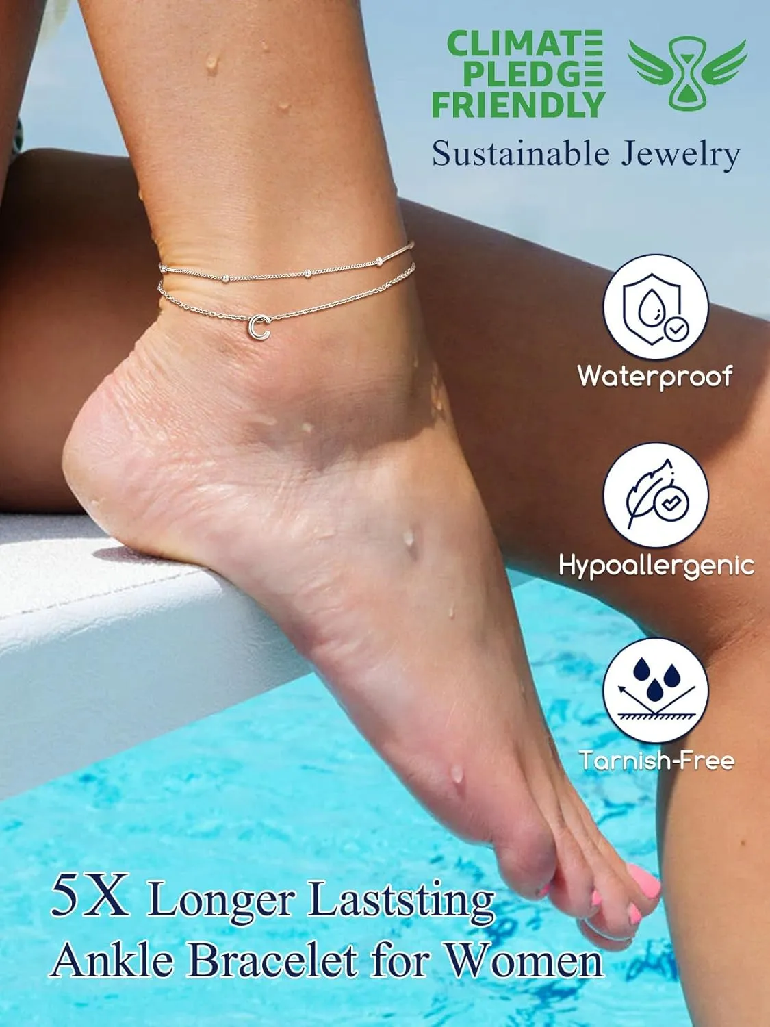 Suplight Sterling Silver Ankle Bracelets for Women Layered Dainty Initial Anklets Foot Chain Beaded Plus Size Anklets for Women Beach Waterproof Jewelry 8.7" 2"