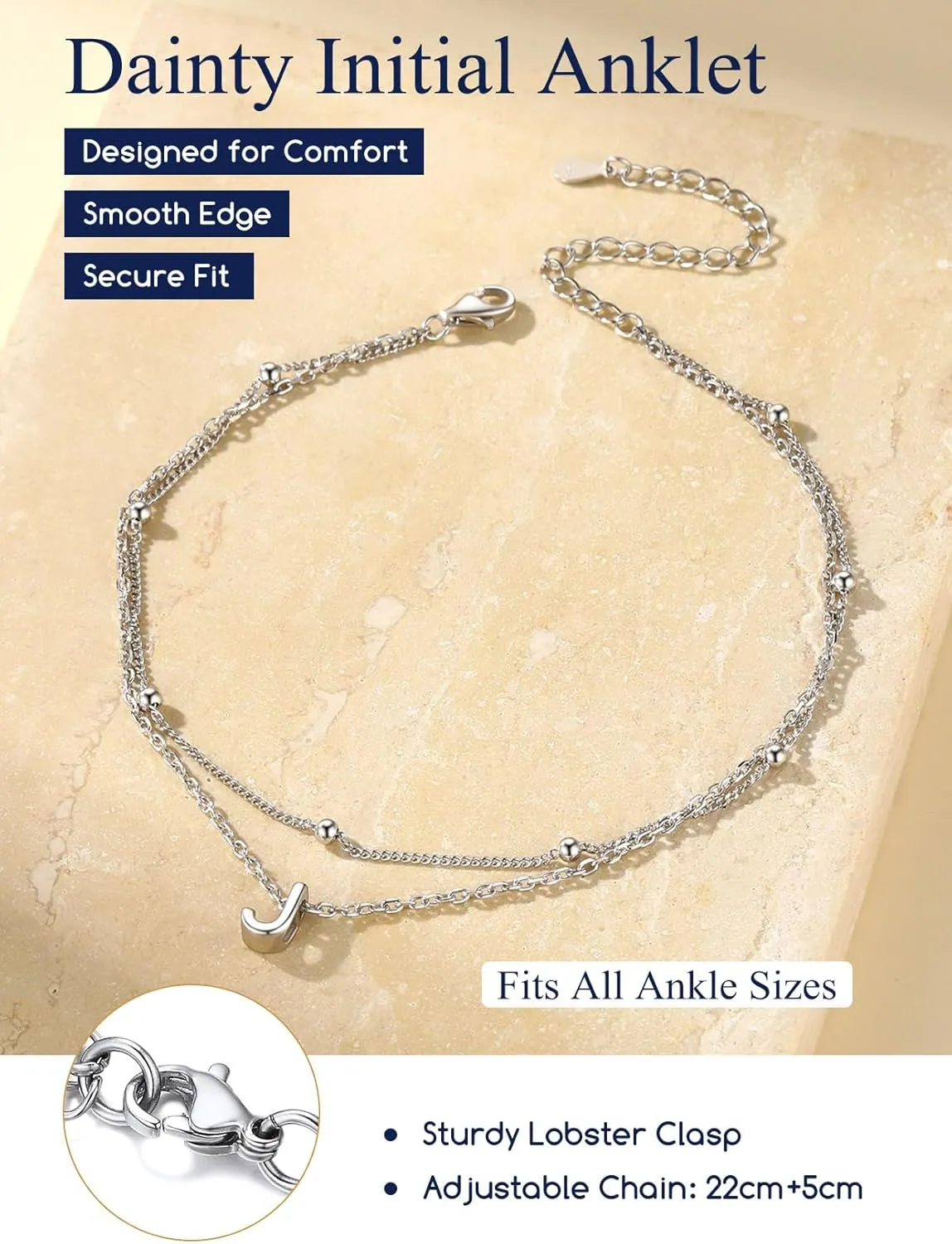 Suplight Sterling Silver Ankle Bracelets for Women Layered Dainty Initial Anklets Foot Chain Beaded Plus Size Anklets for Women Beach Waterproof Jewelry 8.7" 2"