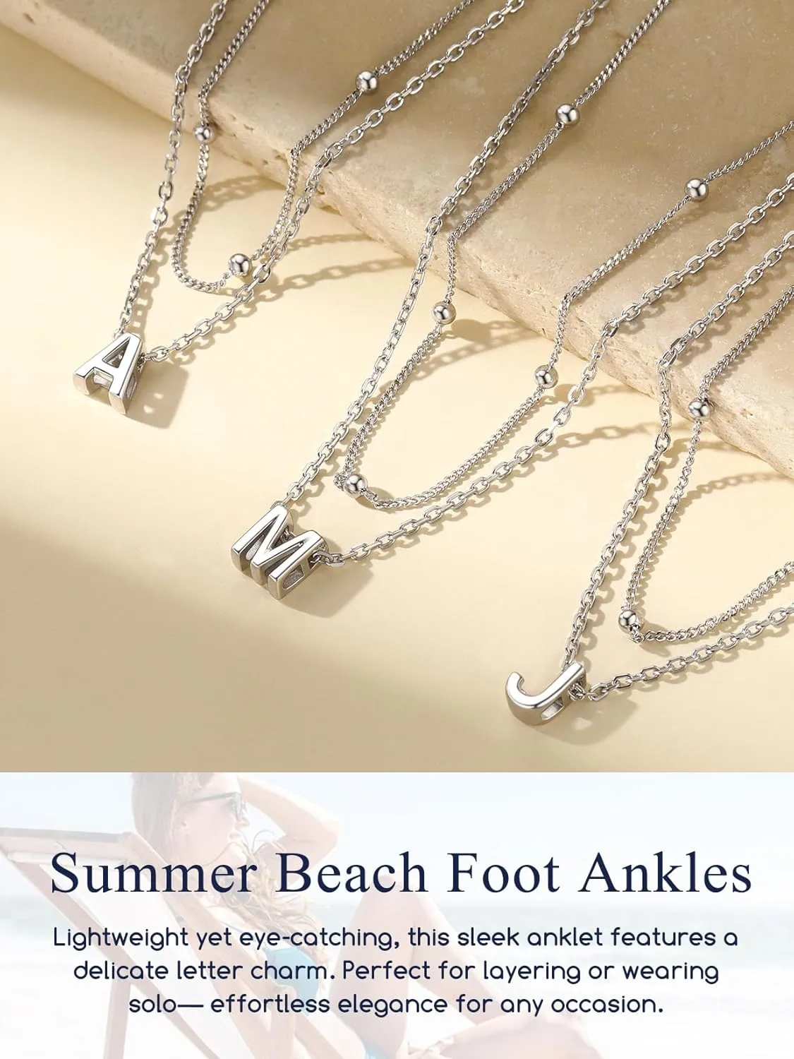 Suplight Sterling Silver Ankle Bracelets for Women Layered Dainty Initial Anklets Foot Chain Beaded Plus Size Anklets for Women Beach Waterproof Jewelry 8.7" 2"